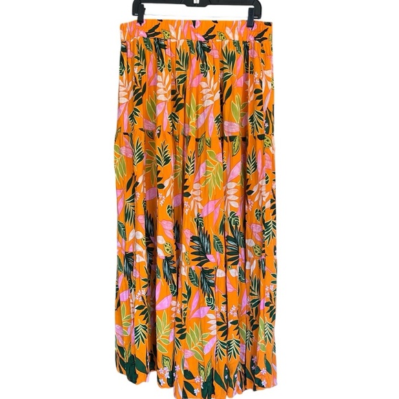 Eloquii Tiered Long Skirt Plus Size 14/16 - Tropical Floral Print Orange & Green - Picture 2 of 3